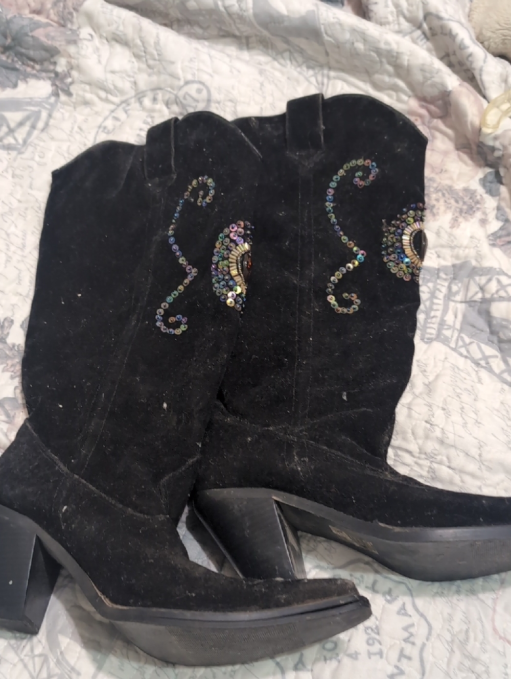 Black Suede Mid-Calf Heeled Boots with Multicolor Sequin Swirl Clean Me